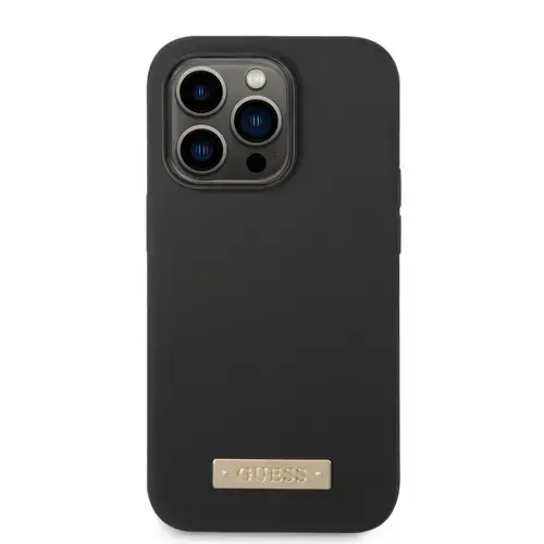 Husa telefon Guess pentru iPhone 14 Pro, Metal Logo, MagSafe, Silicon lichid, Negru