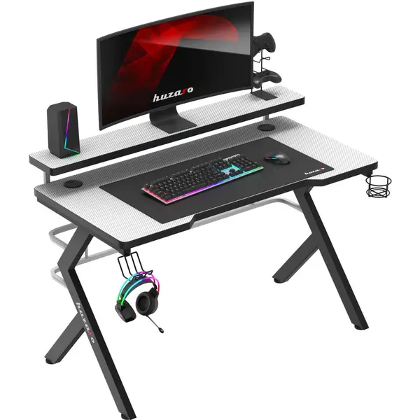 Huzaro Birou gaming cu suport pentru monitor Huzaro Hero 5.0, 120 x 60 x 69.5 cm, Aluminiu-HDF, Negru-Alb