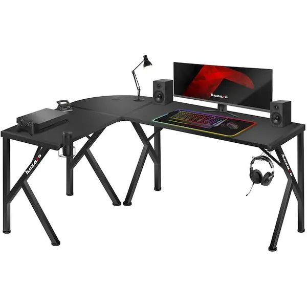 Huzaro Birou gaming de colt, Huzaro Hero 6.3, dimensiuni 154 x 117 x 74 cm, Suport casti, Otel/MDF, Negru