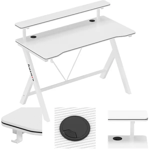 Huzaro Birou gaming Huzaro Hero 1.9, raft pentru monitor, cadru din otel, carlig practic, sarcina pana la 75 kg, 120x60 cm, Alb