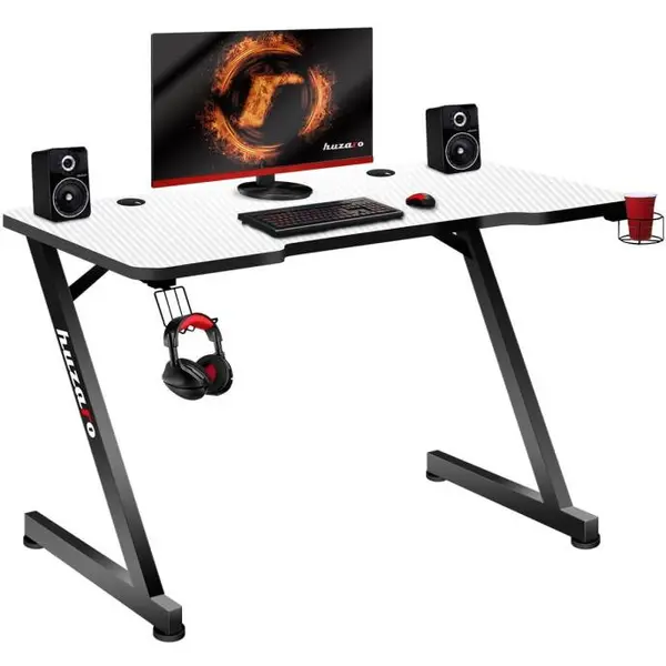 Huzaro Birou gaming Huzaro Hero 2.5, dimensiuni 120 x 60 x 75 cm, Suport casti si pahar, Picioare ajustabile, Alb