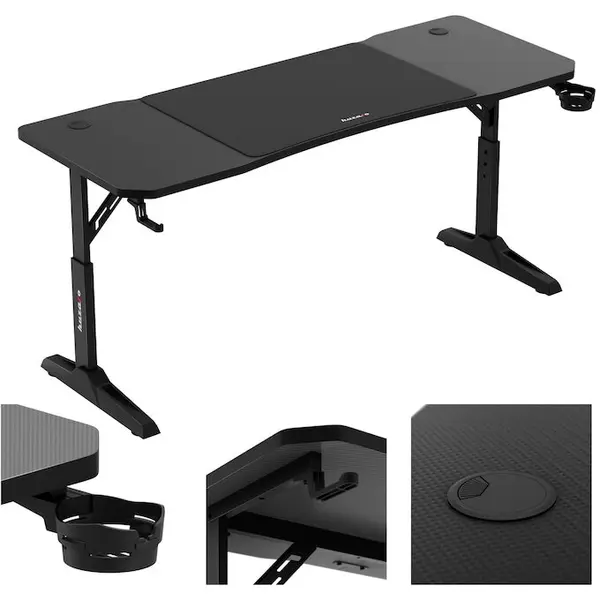 Huzaro Birou gaming Huzaro, Hero 4.6, dimensiuni 160 x 60 cm, inaltime reglabila 56–79 cm, inclusiv mousepad 80 x 56,5 cm, 2 intrari pentru cabluri, Negru