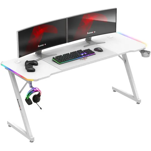 Huzaro Birou gaming Huzaro, Hero 4.8, RGB LED, 160 x 60 x 74 cm, Iluminare LED, inclusiv mousepad 80 x 58 cm, Alb/Multicolor