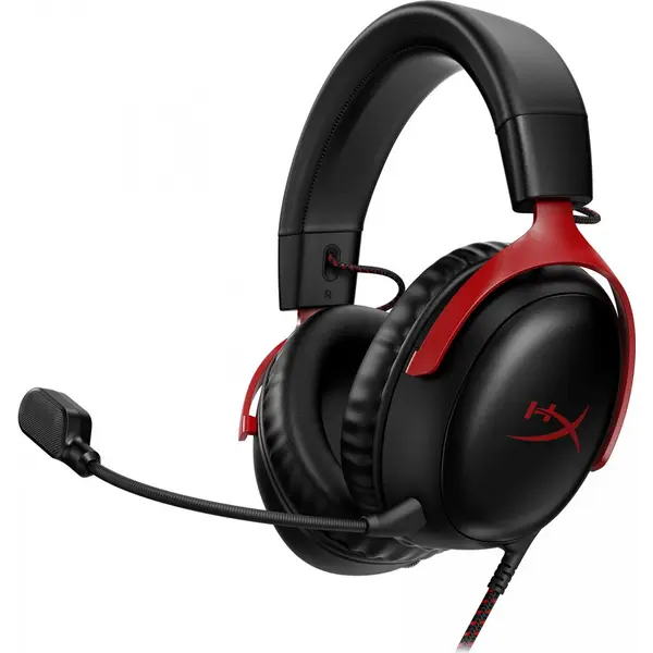 Hyperx Casti Gaming HyperX Cloud III, DTS Headphone:X Spatial Audio, drivere 53mm, microfon detasabil cu metal mesh, noise cancelling si indicator LED, jack 3,5mm, USB-C, USB-A, cupe cu spuma cu memorie, multiplatforma, Negru/Rosu