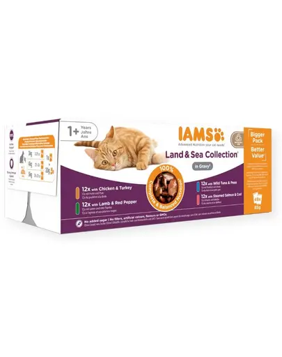 IAMS Delights Adult All Breeds Land&Sea In Gravy 48 x 85 g set hrana pentru pisici