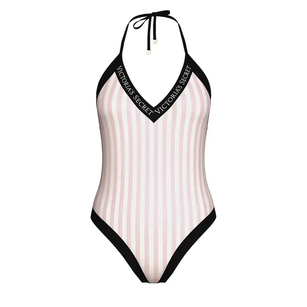 Iconic logo plunge one-piece swimsuit - pink iconic stripe L