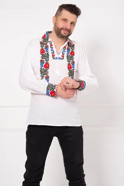 Ie barbateasca alba din bumbac cu broderie florala