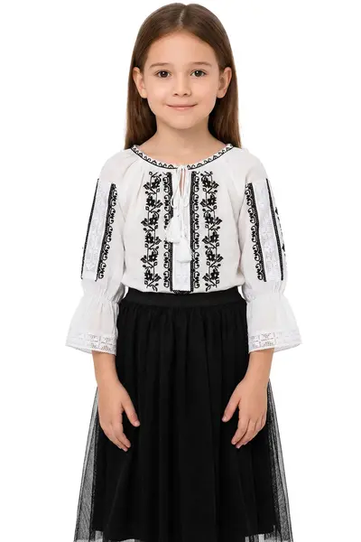 Ie fetita alba din bumbac Claudita cu broderie traditionala