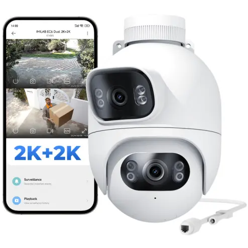 iMILAB CAMERA IP Exterior Imilab, supraveghere 360 grade, 2K+2K, 2048x1080, IP66, dist. IR 30 m, 3 Mpx, RJ-45 + wireless, microfon, sirena, carcasa plastic, slot SD card da, EC6 dual (2x2K) (timbru verde 0.8 lei) EC6 dual (2x2K)