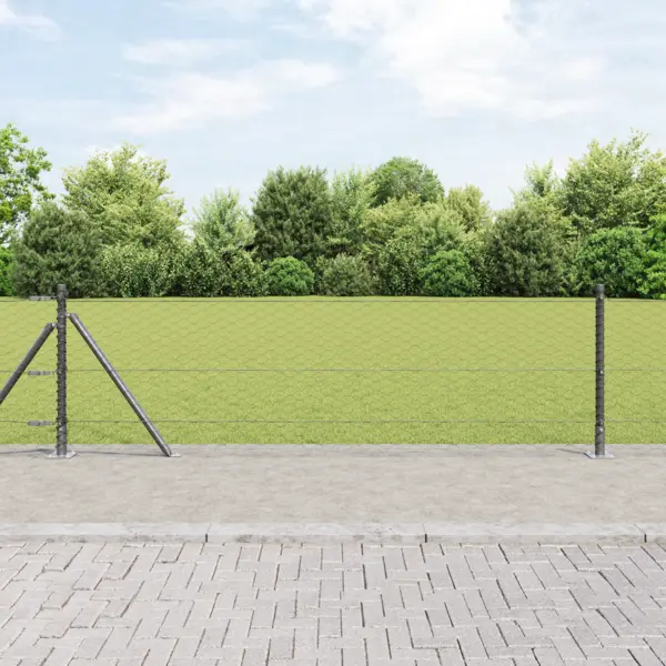 Imprejmuire hexagonala Gossi gri 0.6x10 m otel, stalpi de imprejmuire Gossi cu placi de baza 7 buc Ø32mm 70cm otel galvanizat