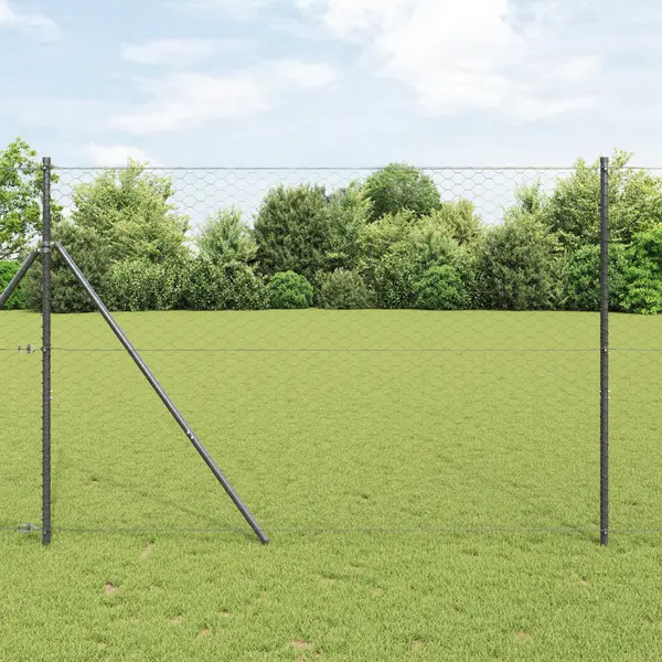 Imprejmuire hexagonala Gossi gri 1.6x25 m otel, stalpi de imprejmuire Gossi 13 buc gri Ø32 mm 210 cm otel zincat