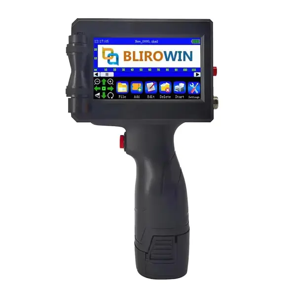 Imprimanta de mana portabila tip pistol BLIROWIN® cu touchscreen, imprimare logo, coduri de bare, date de expirare, coduri QR, compatibila pe suprafete multiple, cerneala cu uscare rapida, cartus negru lucios, dimensiune imprimare 2-25.4 mm