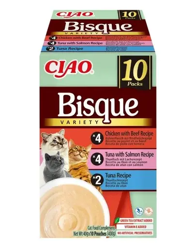 INABA Cat Ciao Bisque Variety 10x40g mix de supe cremă cu ton, vită și pui pentru pisici