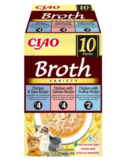 INABA Cat Ciao Broth Variety 10x40 g Mix de bulion cu pui, pește și scoici pentru pisici
