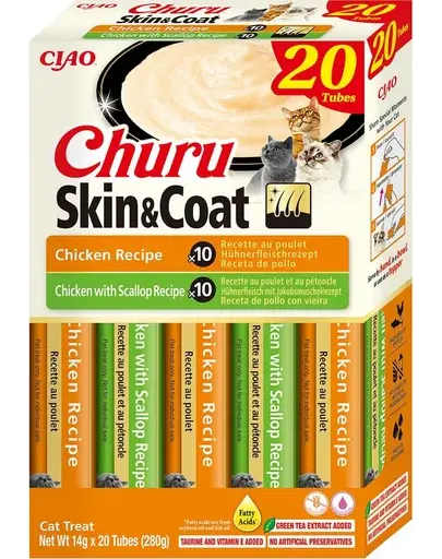 INABA Churu Cat Skin Coat 20x14g recompensa crema, cu pui si scoici pentru pisica