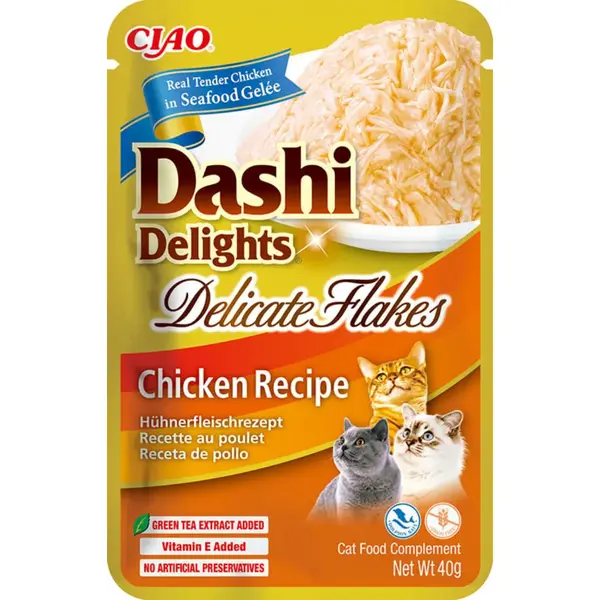 INABA Churu Dashi Delights Delicate Flakes, Pui, plic hrană umedă fără cereale pisici, (topping), 40g