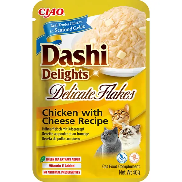 INABA Churu Dashi Delights Delicate Flakes, Pui și Brânză, plic hrană umedă fără cereale pisici, (topping), 40g