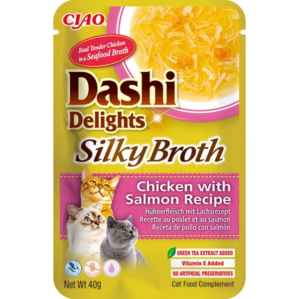 INABA Churu Dashi Delights Silky Broth, Pui și Somon, plic hrană umedă fără cereale pisici, (topping), 40g