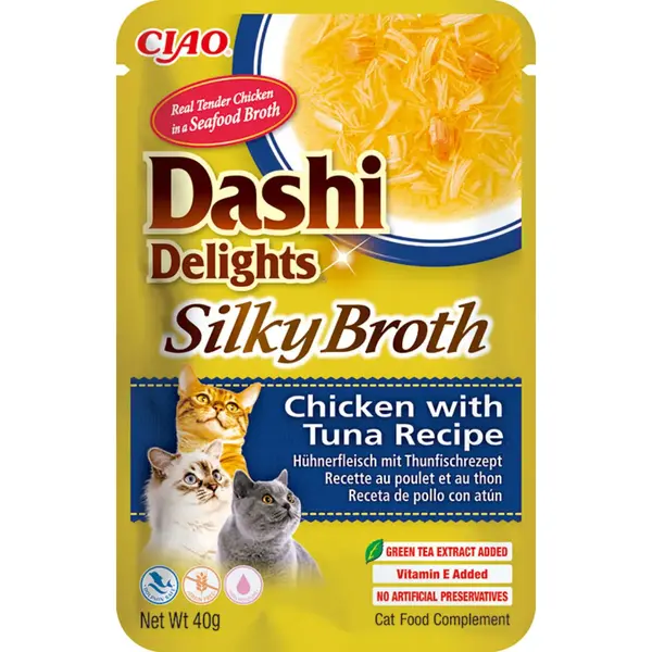 INABA Churu Dashi Delights Silky Broth, Pui și Ton, plic hrană umedă fără cereale pisici, (topping), 40g