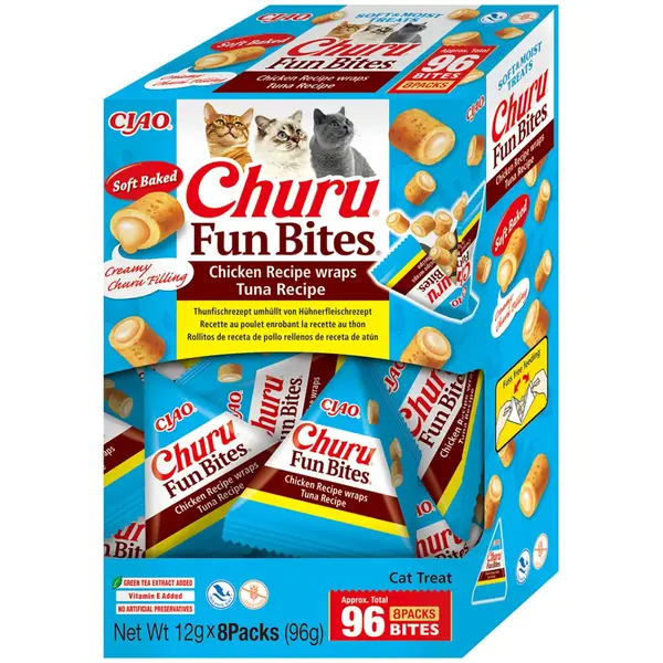 INABA Churu Fun Bites, Pui și Ton, cutie recompense fără cereale pisici, 96g