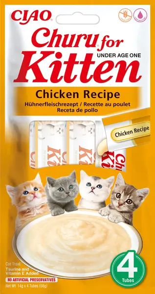 INABA CHURU KITTEN Recompensă pt.pisicuţe, Piure cu Pui, Pachet 4 plicuri x 14g