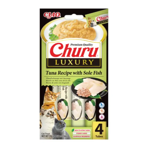 INABA Churu Luxury, Ton și Limbă-de-mare, plic recompense fără cereale pisici, (piure), 56g