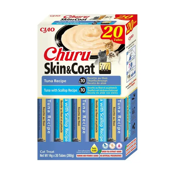 INABA Churu Skin&Coat Tuna Varieties, Ton, cutie recompense fără cereale pisici, (piure), 280g