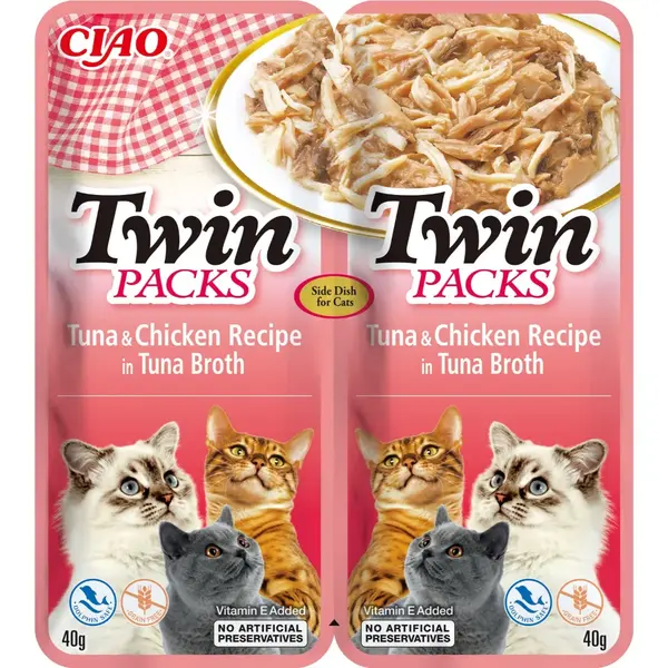INABA Ciao Twin Packs, Ton și Pui, plic hrană umedă fără cereale pisici, (topping), 80g