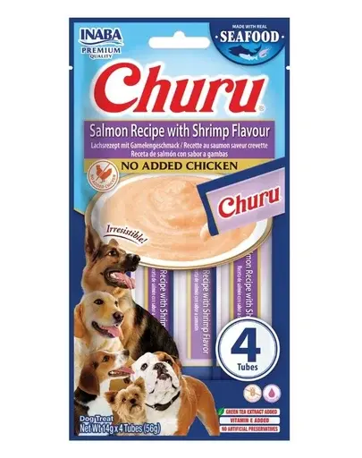 INABA Dog Churu Fish Based Salmon with Shrimp Recipe 4x14g snack cremos cu somon și creveți pentru câini