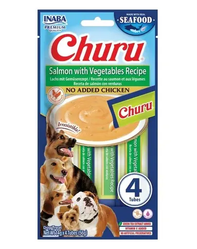 INABA Dog Churu Fish Based Salmon with Vegetables Recipe 4x14g recompensă cremoasă cu somon și legume pentru câini
