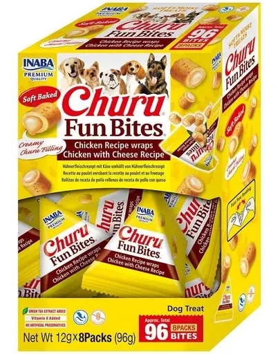 INABA Dog Churu Fun Bites Chicken with Cheese 8x12g recompense caini, cu pui si branza