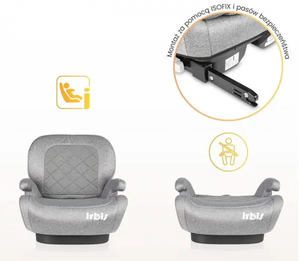Inaltator auto copii Caretero Irbis I-Size Graphite 125-150 cm, fixare cu isofix, centura de ghidaj, spatar reglabil si detasabil, husa lavabila, cotiere, Certificat R129