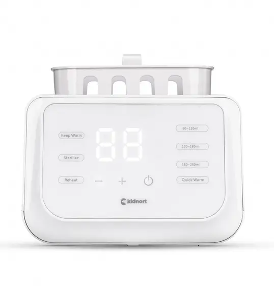 Incalzitor dublu pentru biberoane, Kidnort Hap White, multifunctional, design minimalist si modern, cu ecran tactil, afisaj digital intuitiv, capac transparent, dimensiune 22.6 x 22.0 x 13.8 cm