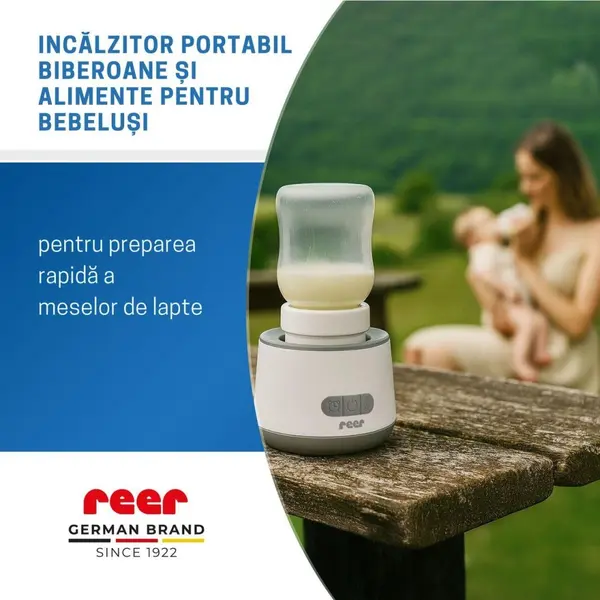 Incalzitor portabil biberoane si alimente pentru bebelusi, 4 trepte temperatura 37-50C, acumulator cu incarcare USB-C, 3 adaptoare biberon incluse, afisaj temperatura, timer cu oprire automata, Reer Heat2Go