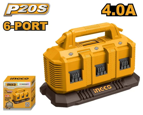 Incarcator 6 Porturi 20V 4A INGCO FCLI2064 pentru Acumulatori P20S, Incarcare Multipla Inteligenta Secventiala pentru Atelier si Utilizare