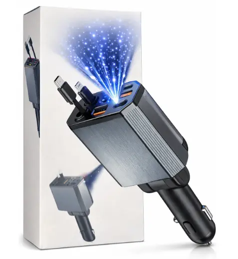 Incarcator Auto 4 in 1 cu cabluri retractabile USB + Type C + lightning ZTB A26 lumina cer instelat