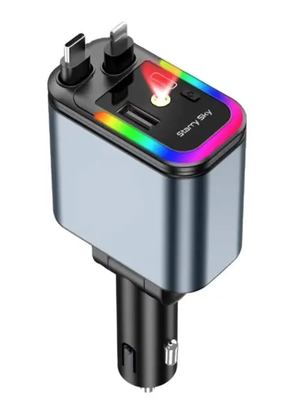 Incarcator auto 4 in 1 fast charge 2 cabluri retractabile Lightning si Type C iluminare RGB proiectie stelara