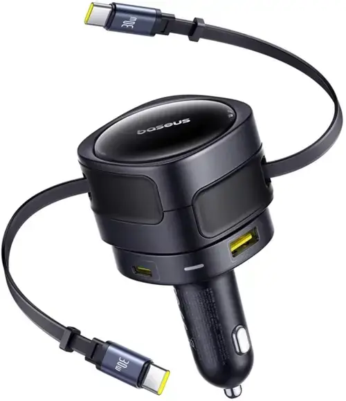 Incarcator auto Baseus Enjoyment Max, Quick Charge 90W, 1 x USB, cablu retractabil integrat 2 x USB Type-C (Negru)