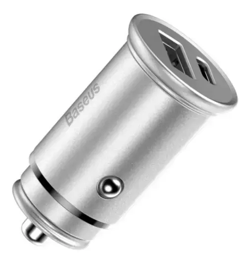 Incarcator auto Baseus Square metal, 1 x USB Output 5V/3A si 1 x USB Type-C Output 5V/3A, total output 30W, pentru bricheta auto (Argintiu)