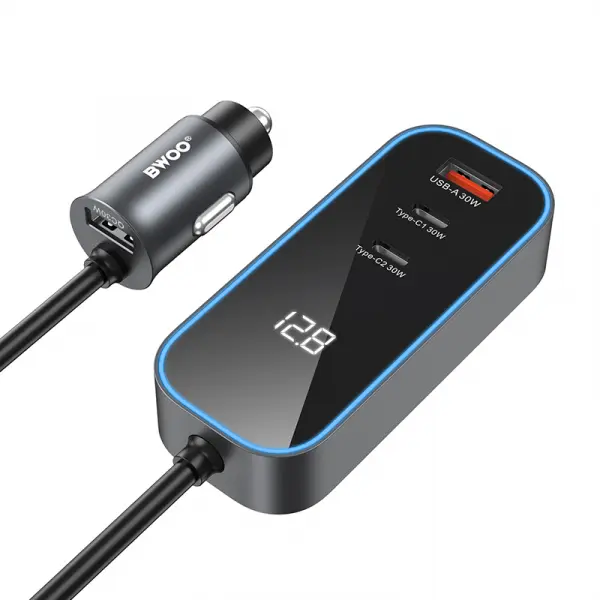 Incarcator Auto BWOO CC107 Display, 120W, 3A, 2 x USB-A - 2 x USB-C, Negru