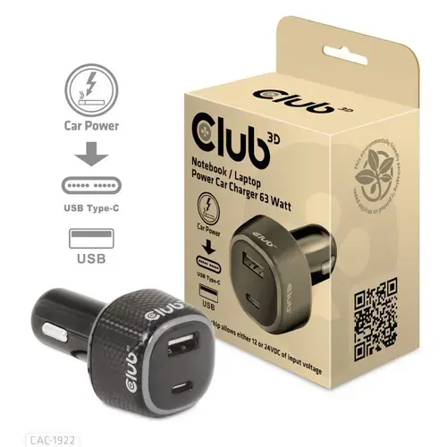 Incarcator auto CLUB3D CAC-1922, 63W, USB-A, USB Type-C (Negru)