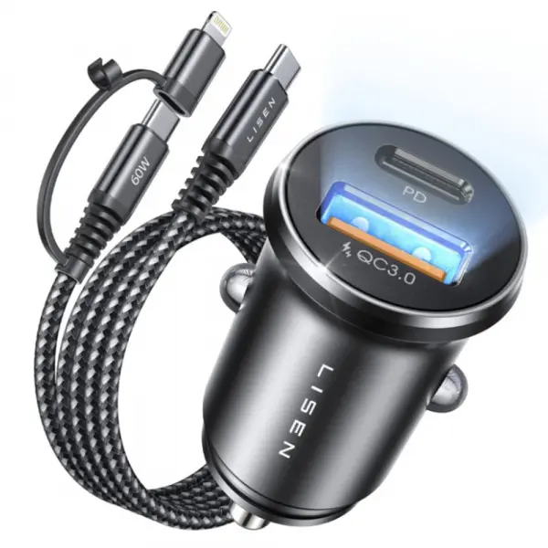 Incarcator Auto Cu Cablu USB-C / Lightning Lisen, 48W, 3A, 1 x USB-A - 1 x USB-C, Negru YL0223080035