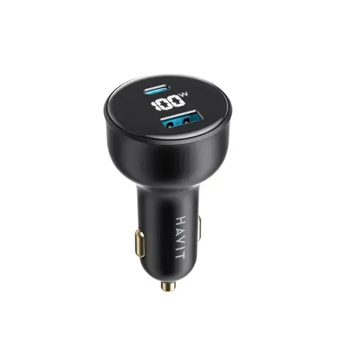 Incarcator auto cu Display Digital HAVIT CC100W, 1 USB-A, 1 USB-C, 100W (Negru)