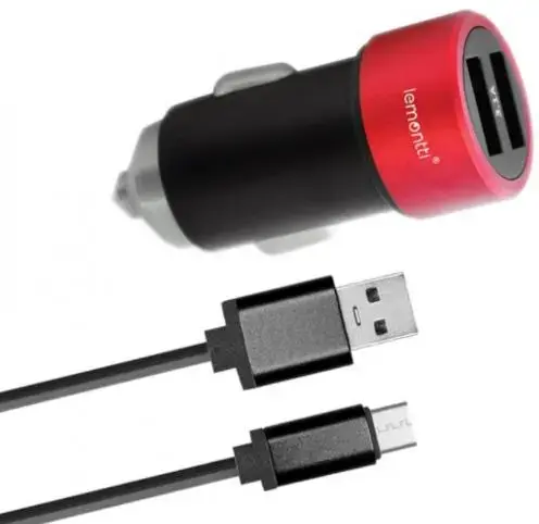Incarcator Auto Lemontti LIA2UMUNR3A, 3.1A, 2 x USB, cablu MicroUSB (Negru/Rosu)