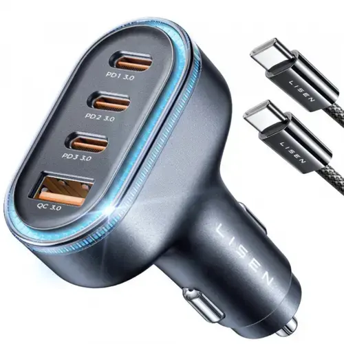 Incarcator auto Lisen, 101W, 1 x USB-A, 3 x USB-C (Negru)