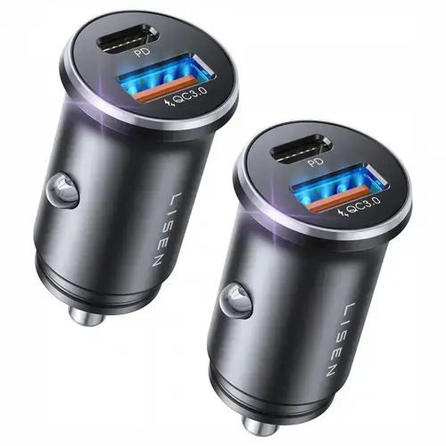 Incarcator auto Lisen, 36W, 3A, 1 x USB-A - 1 x USB-C, 2 bucati (Negru)