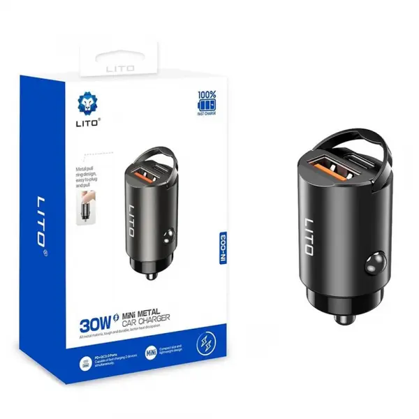 Incarcator Auto Lito IN-C03, 30W, 3A, 1 x USB-A - 1 x USB-C, Negru