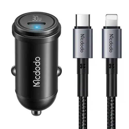 Incarcator Auto Mcdodo 1xType-C Fast Charging PD 30W, cablu Type-C la Lightning 1.2m (Negru)