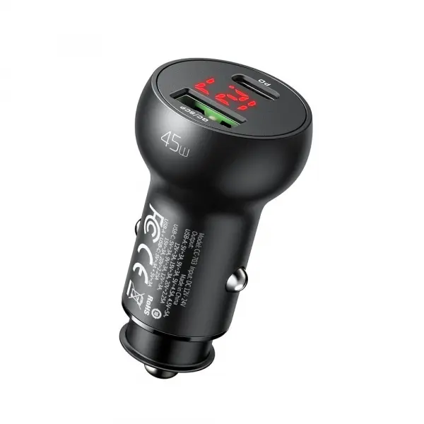 Incarcator Auto McDodo CC-7030 Display, 45W, 5A, 1 x USB-A - 1 x USB-C, Negru