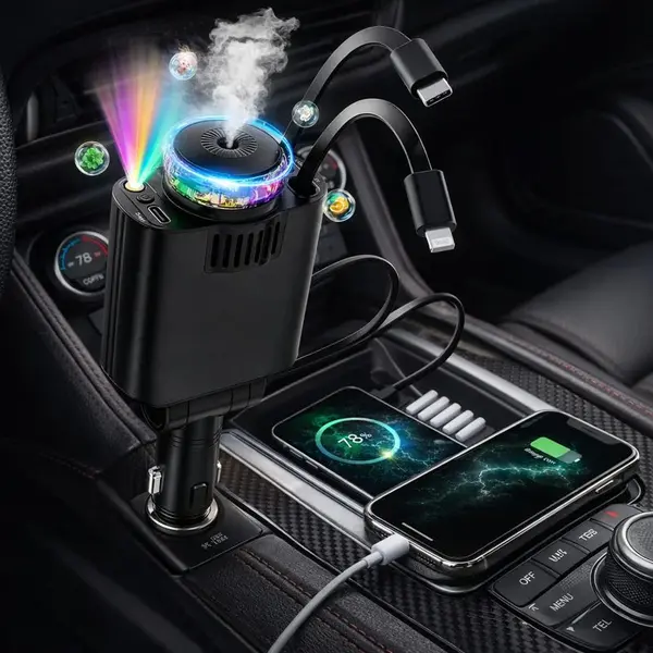 Incarcator Auto Retractabil 5 in 1, 45W PD, difuzor de parfum integrat, lumina ambientala